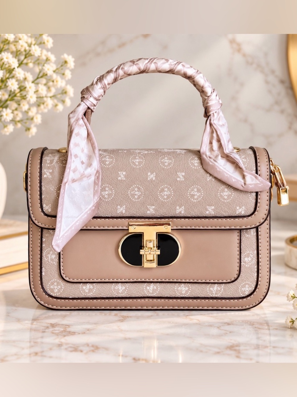 Mauve & Taupe Satchel Crossbody Handbag with Scarf Accent Handle